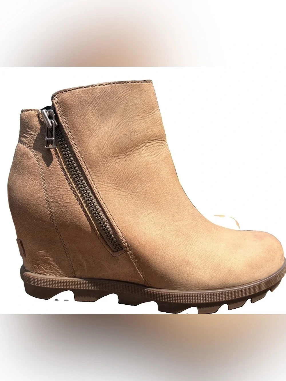 SOREL Women's Joan of Arctic Wedge II Zip Waterproof Leather Bootie tan size 8